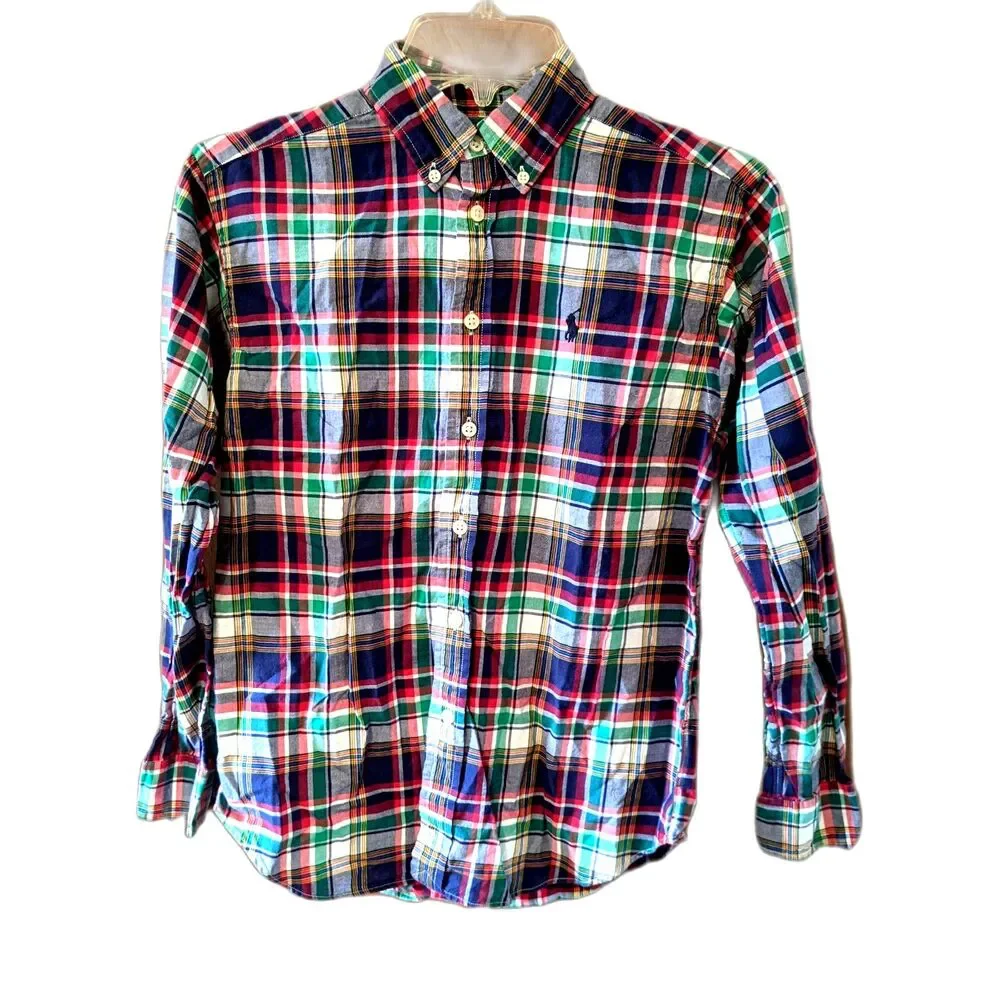 Ralph Lauren Plaid Shirt Button Down Embroidered Logo Red Blue Green Boys 12/14